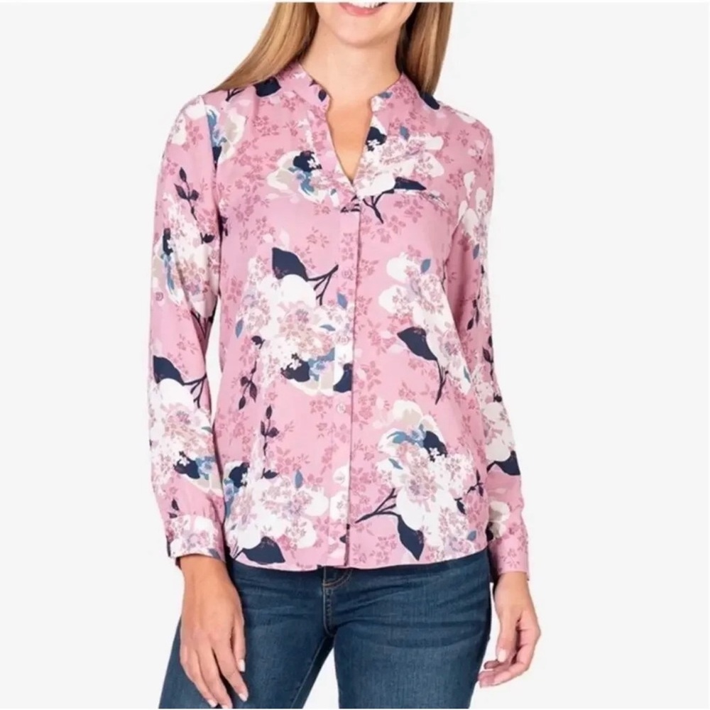 KUT FROM THE KLOTH Jasmine Pink Floral Long Sleeve Button Down Top Blouse XL